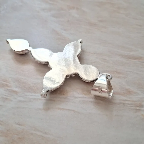 Artisan Handmade Red Rose Dahlia Turquoise 925 Sterling Silver Cross Pendant - Picture 3 of 5